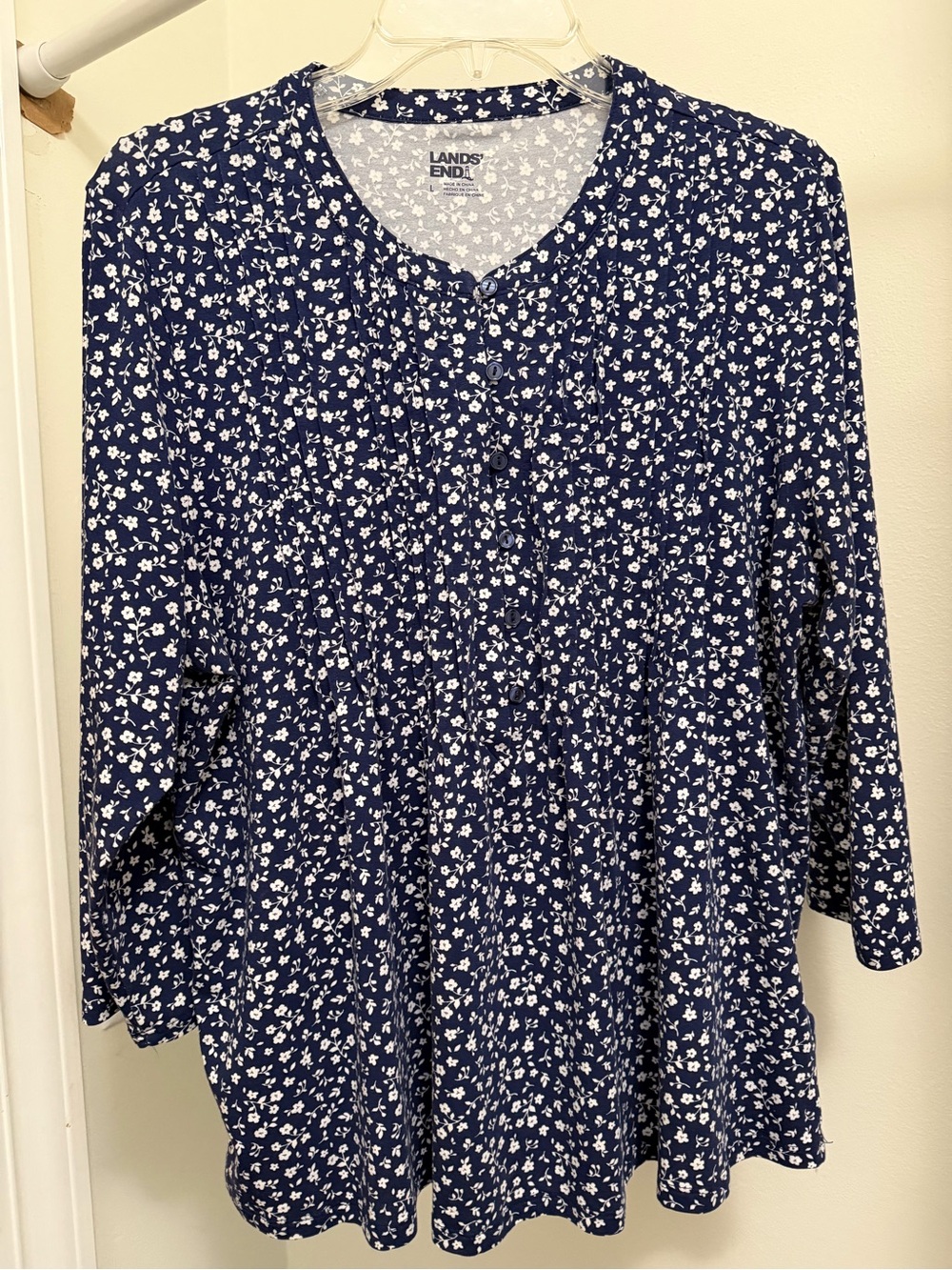 Lands' End Navy and White Floral Button-Front Tunic